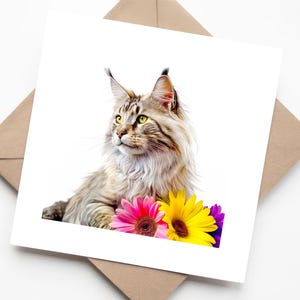 Manteau argenté pour chat Maine coon avec effet aquarelle de fleurs florales colorées - Carte de voeux vierge de qualité faite main pour les amoureux des chats
