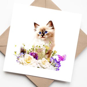 Aquarelle ragdoll chat chaton avec fleurs - carte d'anniversaire vierge faite main pour les amoureux des chats