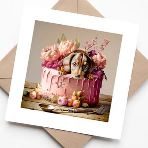 Chiot saucisse brune Weiner dans un gâteau d'anniversaire rose - carte de voeux faite main pour les amoureux des chiens - carte d'anniversaire teckel