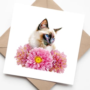 Chat siamois aquarelle avec des yeux bleus et des fleurs roses vifs - Jolie carte d'anniversaire de chat