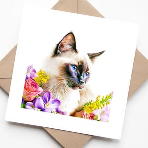 Portrait de chat siamois aquarelle avec motif floral - Carte de voeux faite main pour les amoureux des chats