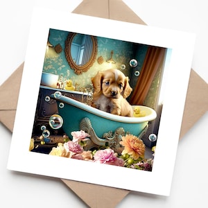 Cartoon Golden Labrador Puppy in Bath with Rubber Duck and Bubbles - Funny Handmade Greeting Card for Dog Lovers