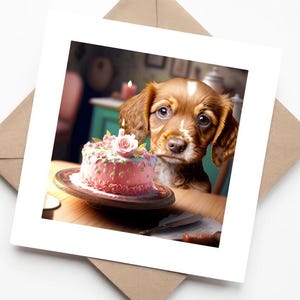 Cucciolo di cane di razza Spaniel zenzero che esprime un desiderio di compleanno con torta rosa e candela - Biglietto di auguri vuoto fatto a mano per gli amanti dei cani