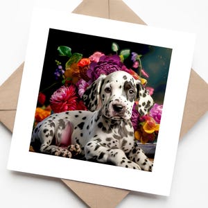 Cucciolo di cane dalmata seduto tra i fiori – Biglietto di auguri fatto a mano per lei con sfondo floreale