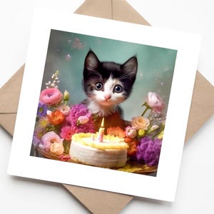 Chaton smoking noir et blanc fait main avec gâteau d'anniversaire et bougie - Jolie carte de voeux d'anniversaire art illustration