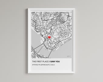 Personalized First Meeting Location Map Print: Couples Gift