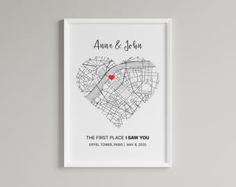 Heart Shape Custom Map Location Print, Where It All Began, Latitude Coordinates Print, Location Pin, Anniversary Gift, GPS Coordinates