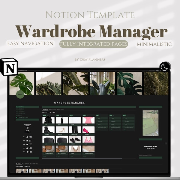 Notion Template Wardrobe Manager, Notion Outfit Planner, Wardrobe Manager Notion Dashboard, Outfit Plan, Aesthetic Notion Digital Planner