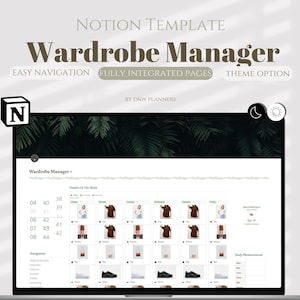 Modello Notion Gestore guardaroba, Pianificatore abiti Notion, Pannello di controllo Notion Manager guardaroba, Piano abiti, Pianificatore digitale Nozione estetica