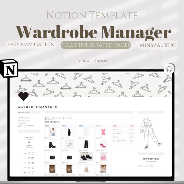 Notion Template Wardrobe Manager, Notion Outfit Planner, Wardrobe Manager Notion Dashboard, Outfit Plan, Aesthetic Notion Digital Planner