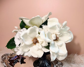 White Magnolias and Hydrangeas Real Touch Flower Arrangement Wedding Flowers Arrangements Home Centerpiece Dining Table Centerpiece