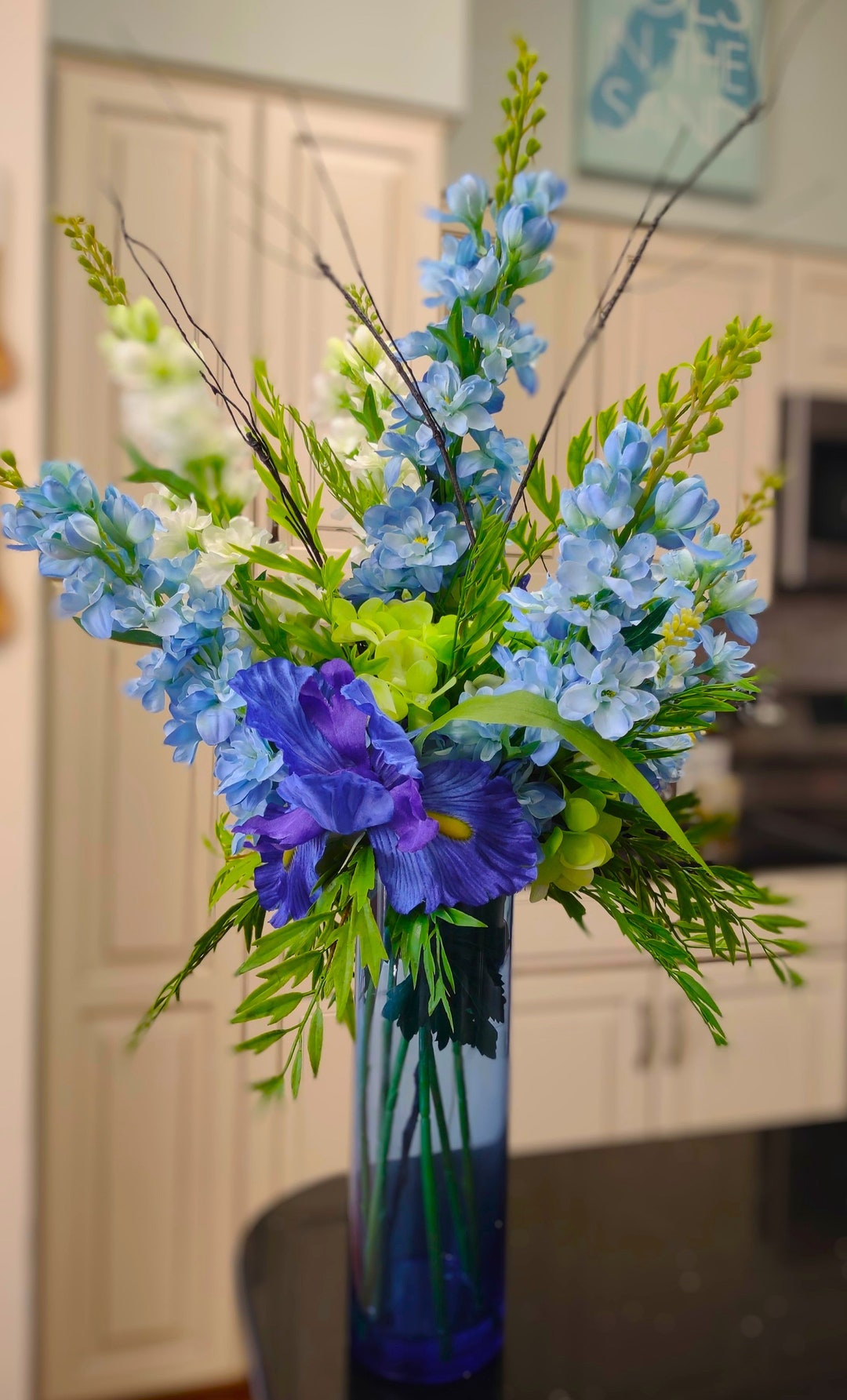 Blue White Delphiniums Cobalt Blue Vase Flower Arrangement Tall