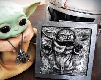GROGU frozen in CARBONITE - Baby Yoda - Mandalorian - Star Wars - Framed - Wall Art Decor - Prop - Cave - Office - The Child - Han Solo