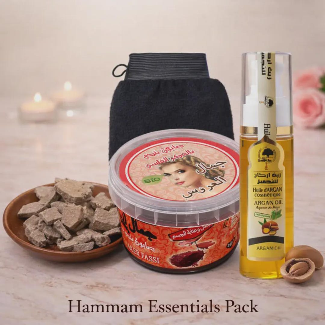 Moroccan Hammam Essentials Set Black Soap Rhassoul Clay Kessa Glove 