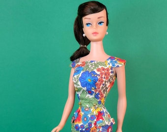Sheath Sensation Dress for Vintage Barbie - handmade reproduction in Liberty Tana Lawn, with pearl earrings - outfit only