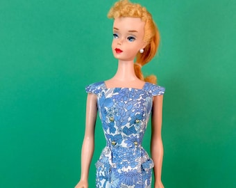 Sheath Sensation Dress for Vintage Barbie - handmade Reproduction in Blue and White Liberty Tana Lawn, with pearl earrings - outfit only