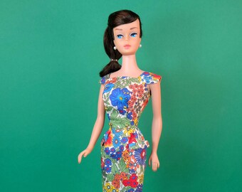 Sheath Sensation Dress for Vintage Barbie - handmade Reproduction in Liberty Tana Lawn, with pearl earrings - outfit only