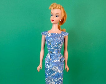 Sheath Sensation Dress for Vintage Barbie - handmade Reproduction in Blue and White Liberty Tana Lawn, with pearl earrings - outfit only