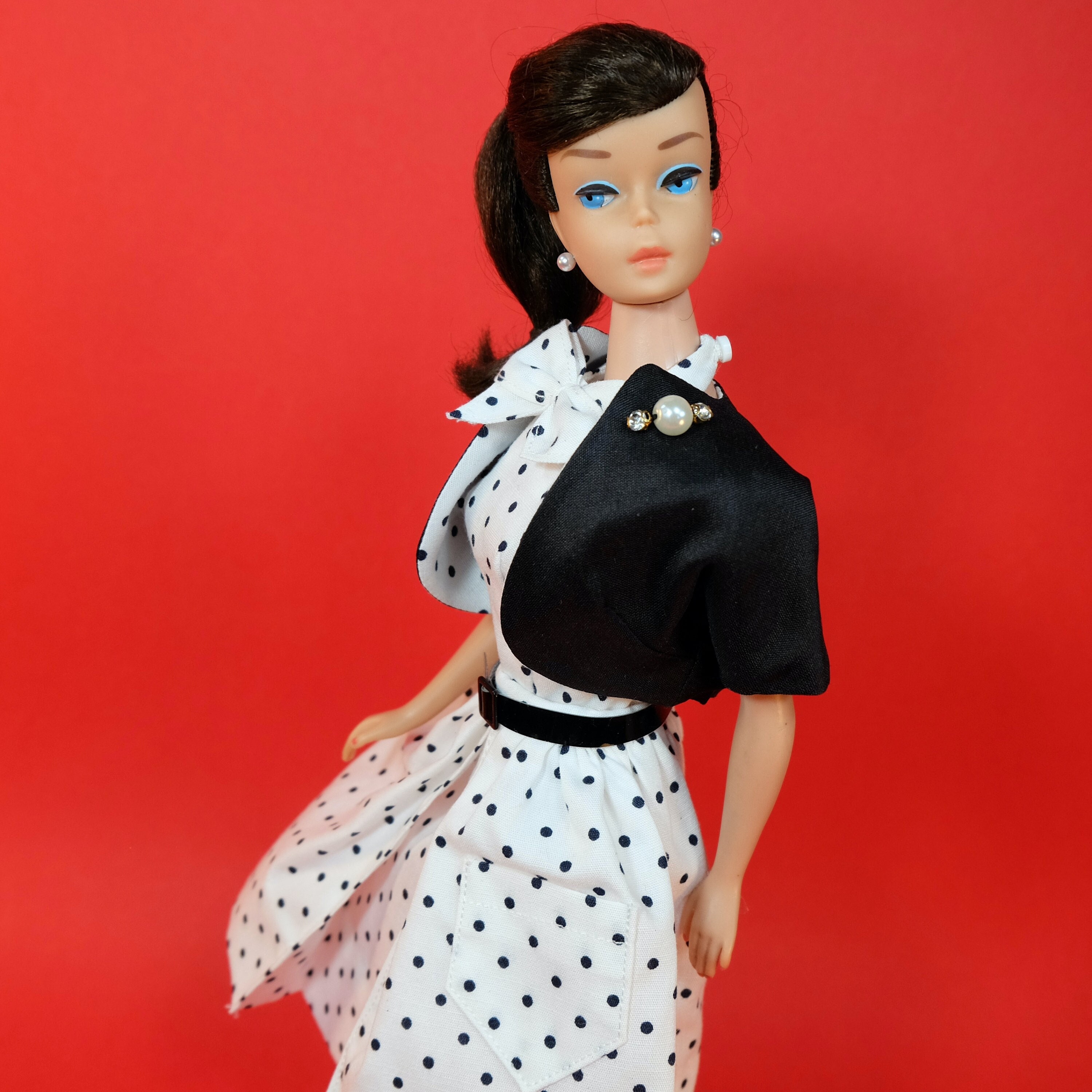 Black Barbie Doll Black & White Polka Dot Dress Red Ribbon Earrings