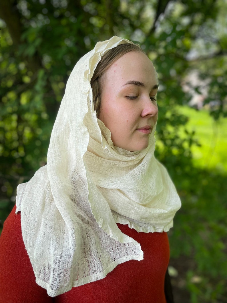 Handgewebter Kruseler von 50 cm, mittelalterliche Frauenkopfbedeckung, Leinenkierchef für Reenactors Bild 3