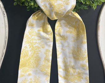 Yellow French Toile Wreath Sash, Black and White Cotton Embroidery Scarf