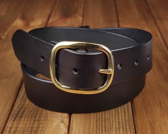 Bridle belt - Minimalist Belt with Gold Buckle, Leather Accessories, Genuine Leather (Nero)