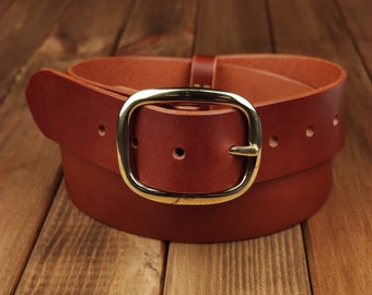 Bridle belt - Minimalist Belt with Gold Buckle, Leather Accessories, Genuine Leather (Cognac)