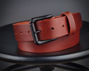 Craftsman Belt - Minimalist Belt from Full Grain Leather with Solid Brass Buckle (Cognac)