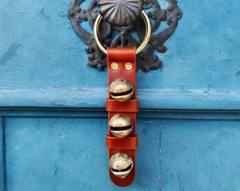 Christmas Door Hanger - Leather Holiday Home Decor with Solid Brass Sleigh Bells (Cognac)