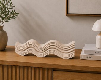 Diseño decorativo de olas | Escultura japonesa moderna | Objeto decorativo minimalista | Impresión 3D | Beige, terracota, negro, blanco