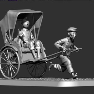 Könnte beinhalten: Ein graues 3D-gedrucktes Modell eines Mannes, der eine Rikscha zieht, in der ein Mann und ein Hund sitzen. Die Rikscha hat ein Verdeck und zwei Räder. Der Mann, der die Rikscha zieht, rennt und hält die Griffe.