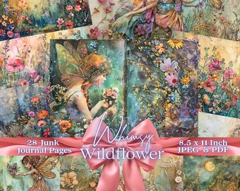 May include: Whimsy Wildflower, a digital collage pack of 28 junk journal pages featuring fairies, flowers, and whimsical imagery. The pages are 8.5 x 11 inches and are available in JPEG and PDF formats.