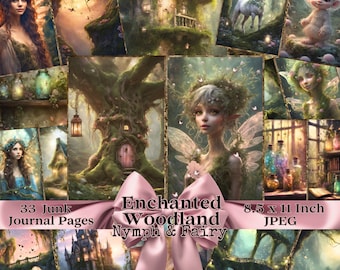 May include: A collage of 33 digital journal pages featuring whimsical woodland scenes with fairies, nymphs, and magical creatures. The pages are 8.5 x 11 inches and are in JPEG format. The text "Enchanted Woodland Nymph & Fairy" is featured in the centre of the image.