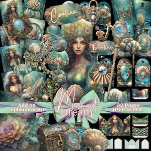 Mystieke zeemeerminnen Junk Journal Kit | Ephemera-afdrukbare kit | Digitaal ongewenste dagboek | Pagina's oud papier | Folio | Kieskeurige snitten | Zeemeerminpapier