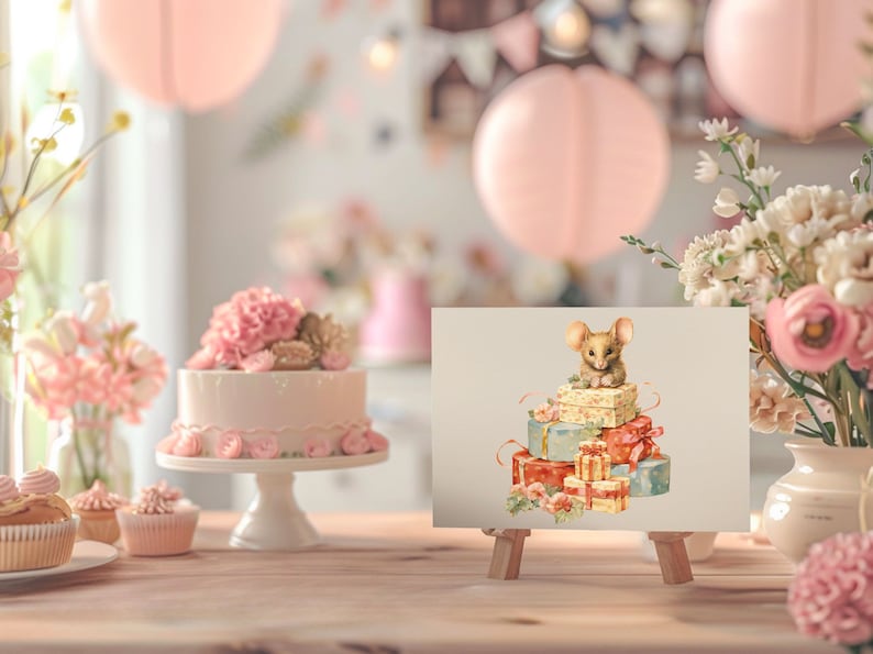 May include: A cute brown mouse sits on top of a stack of wrapped gifts. The gifts are wrapped in blue, red, and green paper with white ribbons. The gifts are on a white background.