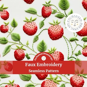 Strawberries seamless pattern, Faux Embroidery, Fruit seamless file for fabric printing, strawberry repeating pattern, Digital fabric