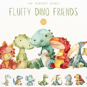 Clipart de dinossauro em aquarela, clipart de bichos de pelúcia, brinquedos de pelúcia para crianças, dinossauros fofos, T-Rex, pescoço longo, decoração de berçário PNG, chá de bebê