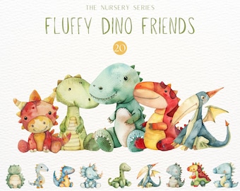 Imágenes prediseñadas de dinosaurios de acuarela, imágenes prediseñadas de animales de guardería rellenos, juguetes de peluche para niños, dinosaurios lindos, T-Rex, cuello largo, decoración de guardería PNG, baby shower