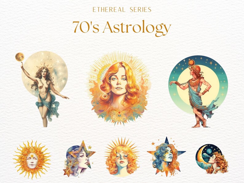 May include: A set of 70's astrology illustrations featuring a woman holding a star, a woman with long red hair, a man in a robe, and four zodiac signs: the sun, a star, the sun, and the moon.