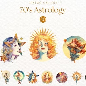 70er Jahre Astrologie Clipart, Vintage Astrologie Clipart, Göttliche Göttin PNG, Hippie Clipart, Retro Flower Power Bilder, spirituelle Clipart, Groovy