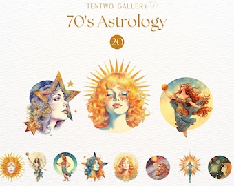 70's Astrology Clipart, Vintage Astrology Clipart, Divine Goddess PNG, Hippie Clipart, Retro Flower Power Images, Spiritual Clipart, Groovy