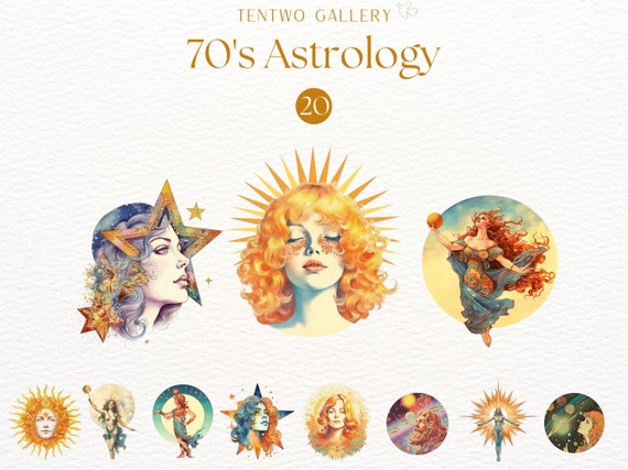 70's Astrology Clipart, Vintage Astrology Clipart, Divine Goddess PNG, Hippie Clipart, Retro Flower Power Images, Spiritual Clipart, Groovy