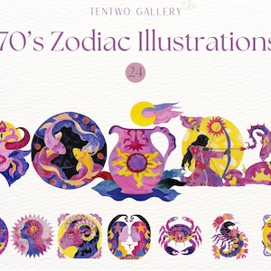 70's Zodiac Signs Clipart, Astrology Graphics, Retro Zodiac Symbols Sublimation, Celestial, Horoscope PNG Designs, Star Sign Clipart