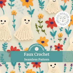 Faux crochet Embroidery seamless pattern, Halloween seamless file for fabric printing, Ghosts and Flowers Pattern, digital file, Cute