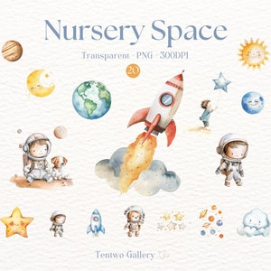 Aquarelle espace clipart, clipart chambre d'enfant astronaute, vaisseau spatial astronaute, clipart fusée, étoiles et lune PNG, planètes, décoration de chambre d'enfants bricolage
