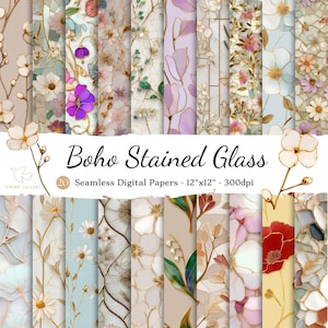 May include: A collection of 20 seamless digital papers with a boho stained glass design. The papers feature floral patterns in various colors, including purple, pink, and white, with gold accents. The papers are 12"x12" and 300dpi.