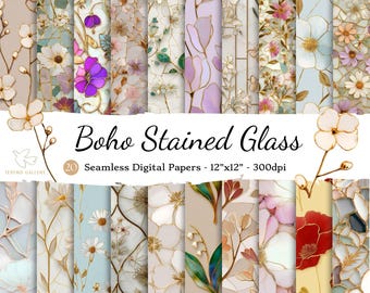 Boho Glasmalerei Blumen Digitale Papiere | Nahtlose Blumenmuster | 20 JPEG-Hintergründe | Druckbare & digitale Verwendung