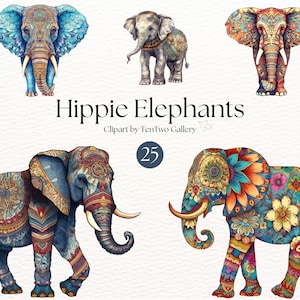 Pacote de clipart de elefantes vintage | Elefantes Hippie Clipart | Elefante lindo PNG | Boho Clipart | Arte do Elefante | Diário Lixo