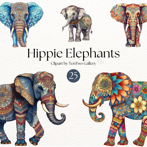 Vintage Elephants Clipart Bundle | Hippie Elephants Clipart | Groovy Elephant PNG | Bohemian Clipart | Elephant Art | Junk Journal