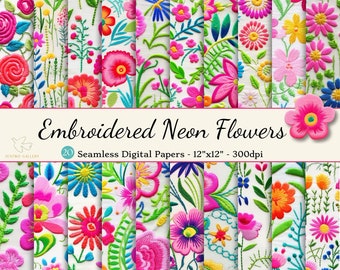Embroidered Neon Flowers Seamless Digital Paper, Faux Embroidery, Floral Printable Scrapbook Paper, Floral Backgrounds, Preppy Pattern